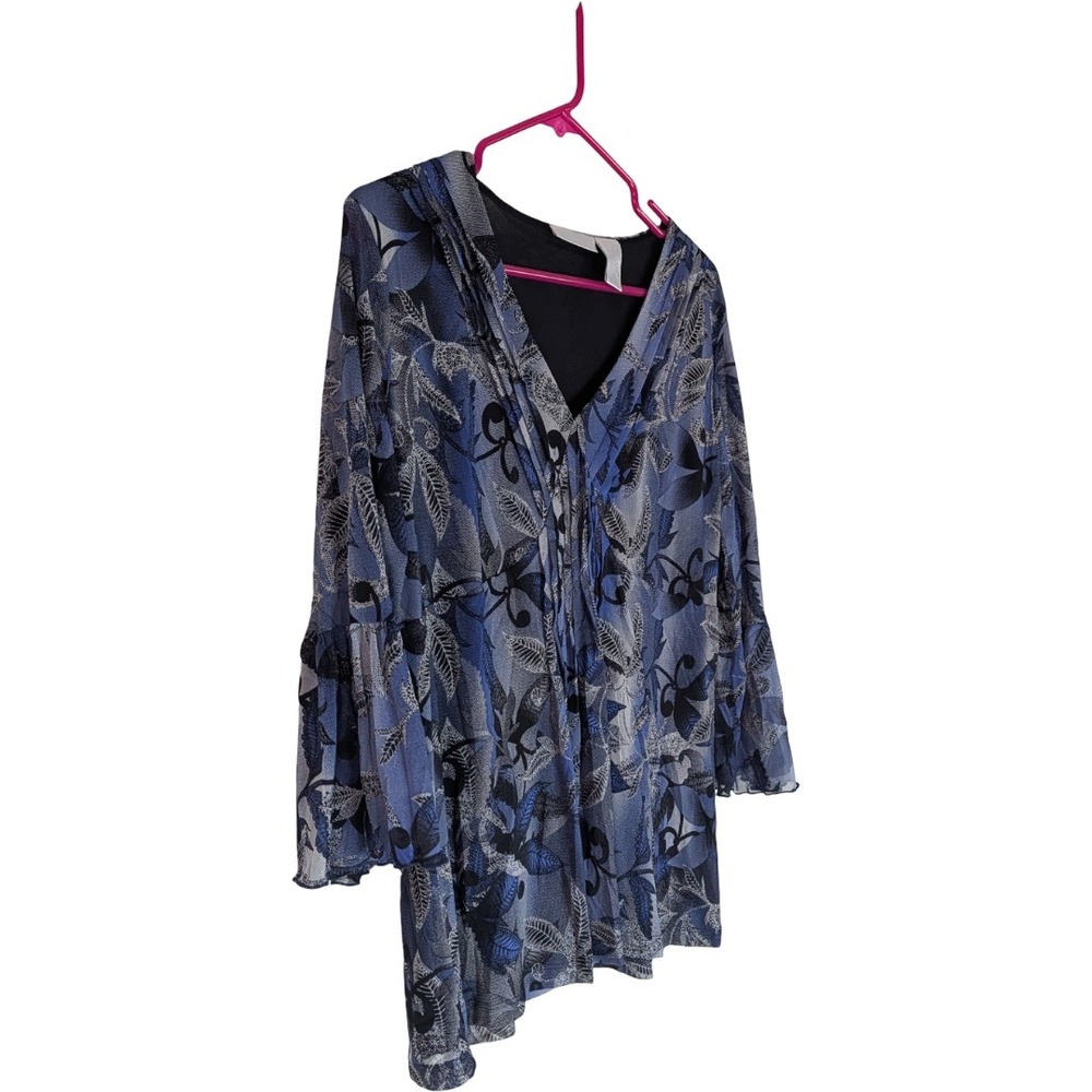 Worthington Blouse Women XL Blue Floral V-Neck 3/4 Bell Sleeve Mesh Lined Top - Picture 2 of 10